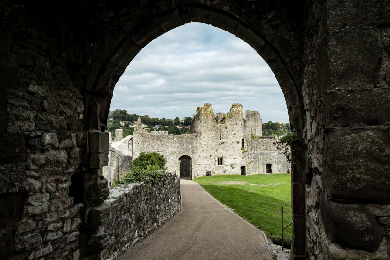 View through an archway of the medieval Chepstow Castle in Wales, UK.